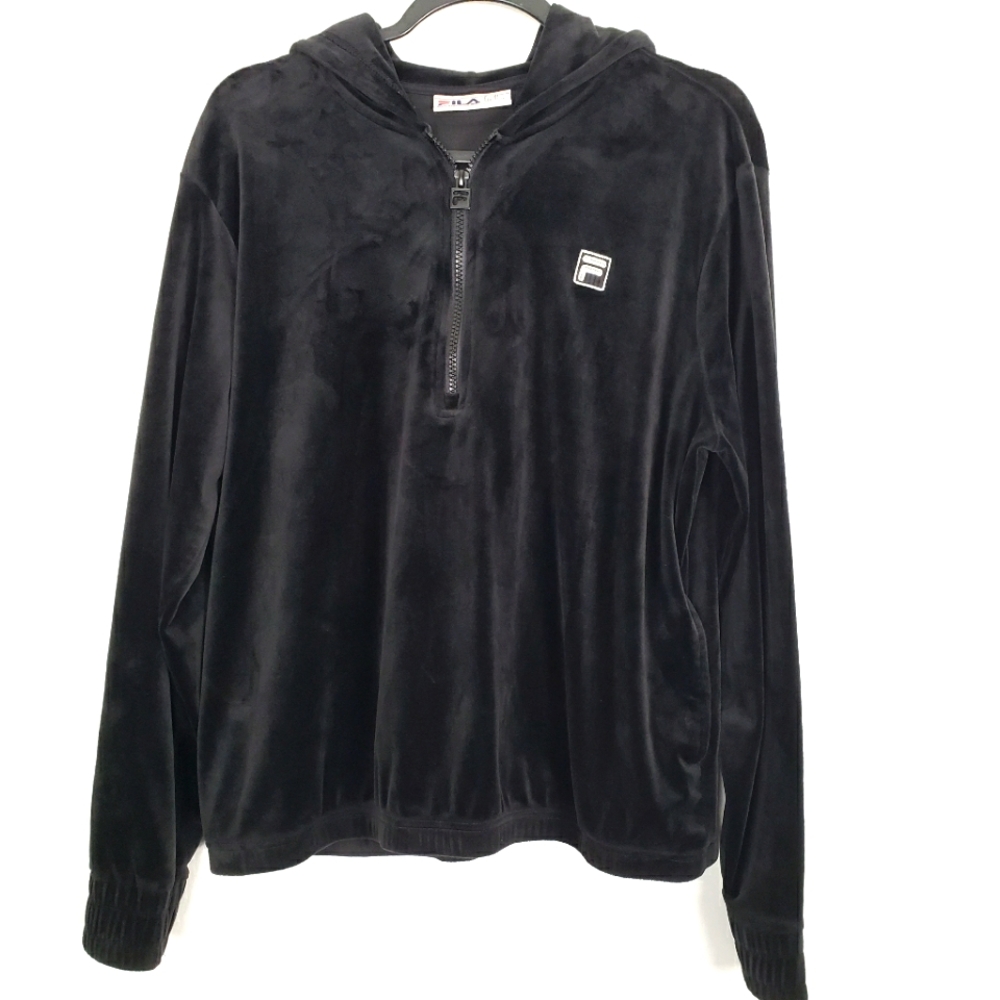 FILA Womens 1/4 Zip Hoodie Black Velour Soft Plush Pullover Size XL